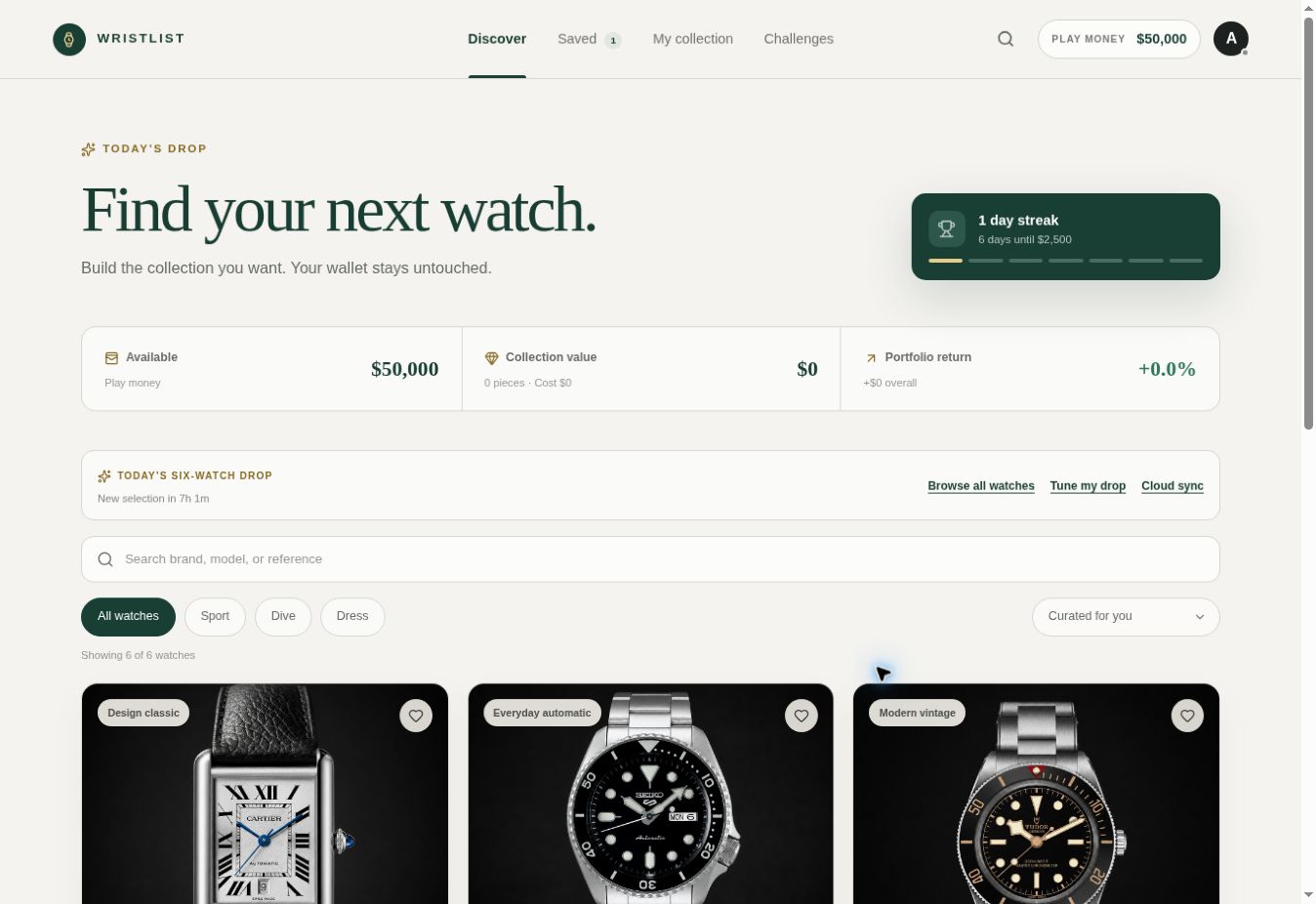 Wristlist application screenshot